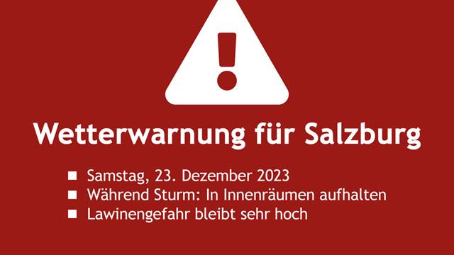 Für morgen Samstag, dem 23. Dezember 2023, gilt: Während des Sturms in Innenräumen aufhalten. Die Lawinengefahr bleibt weiterhin sehr hoch.